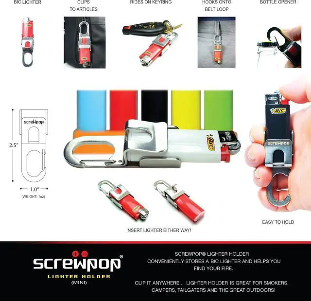 Alt view image 2 of 7 - Screwpop Bic Standard Full-Size Lighter Holder Keychain Multi Tool with Carabiner Clip and Bottle Opener Stainless Steel Construction (Lighter Not Included)