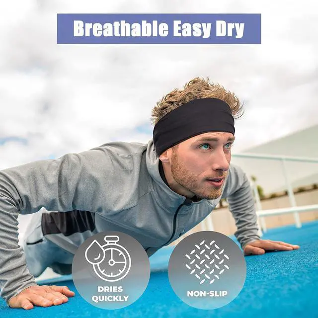 Alt view image 3 of 7 - Sports Headbands for Men,Moisture Wicking Workout Headband,Workout Sweatbands for Running Cycling Yoga(2 Pcs,Black and Blue)