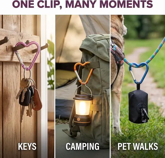 Alt view image 7 of 7 - Carabiner Clip, Heart Shaped Climbing Buckle, Aluminum Alloy Heavy Duty Keyring Hook for Camping Fishing Hiking Traveling Aluminum Key Chain Clip Accessories