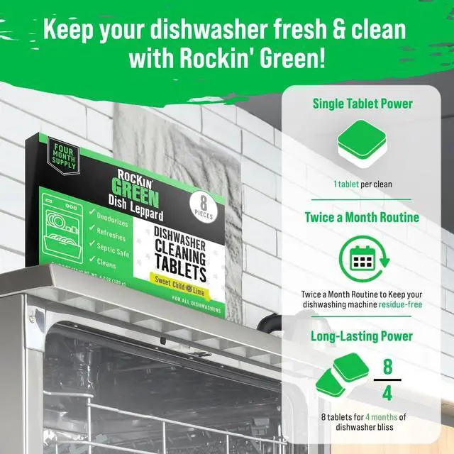 Alt view image 4 of 7 - Rockin' Green Dishwasher Cleaner Citrus Lime Tablets 8 Pack | Deep Cleaning, Deodorizing, for Dishwashers Washing Machines Garbage Disposals, Removes Odor and Residue