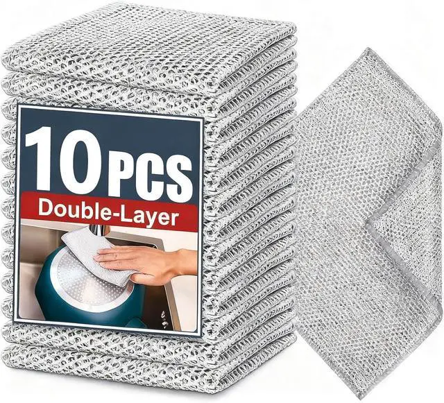 Main image of Double-Layer Steel Wire Cleaning Cloth - Non-Scratch Wire Dishcloth Rag Heavy Duty Scrub Pads Multi-Purpose Silver Mesh Scouring Pads for Dishes, Pots, Pans (10 pcs)