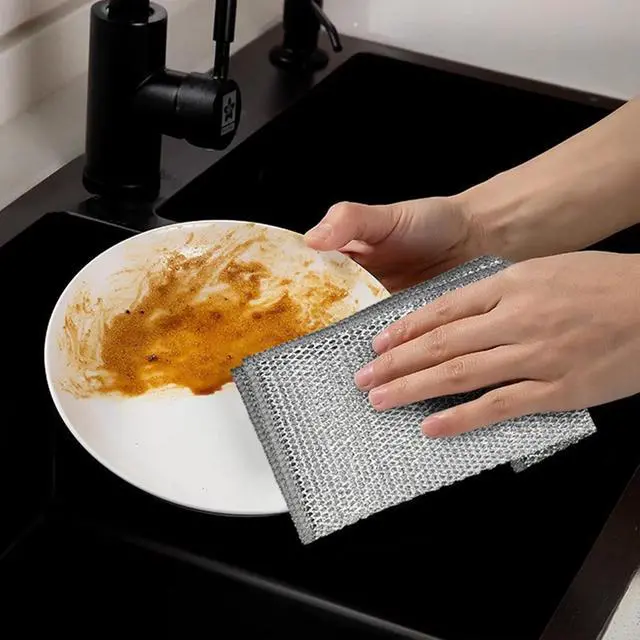 Alt view image 2 of 6 - Double-Layer Steel Wire Cleaning Cloth - Non-Scratch Wire Dishcloth Rag Heavy Duty Scrub Pads Multi-Purpose Silver Mesh Scouring Pads for Dishes, Pots, Pans (10 pcs)