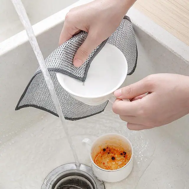 Alt view image 3 of 6 - Double-Layer Steel Wire Cleaning Cloth - Non-Scratch Wire Dishcloth Rag Heavy Duty Scrub Pads Multi-Purpose Silver Mesh Scouring Pads for Dishes, Pots, Pans (10 pcs)