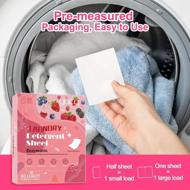 Alt view image 5 of 7 - YUCO Laundry Detergent Sheets Berry Scent 80 Loads Eco Laundry Soap Washer Sheet, Liquidless Washing Detergent Sheets for Laundry for Travel, Plastic Free, Hypoallergenic