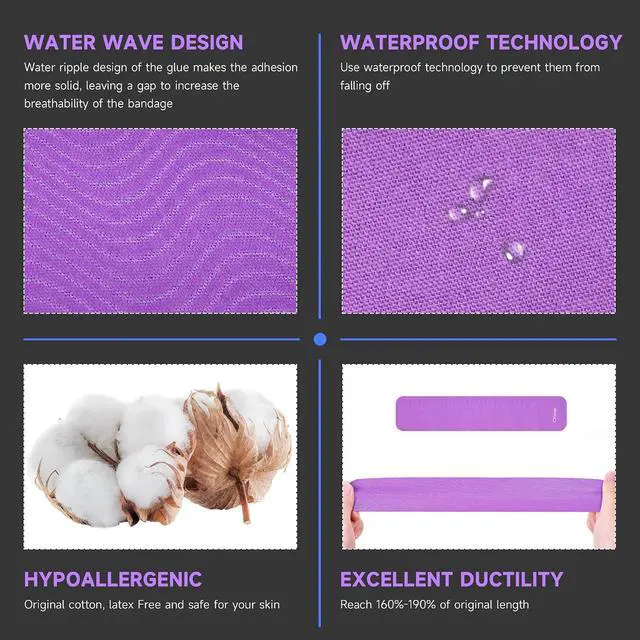 Alt view image 2 of 7 - CKeep Kinesiology Tape, Uncut Premium Elastic Athletic Tape 2 Rolls, Purple | Original Cotton Latex Free Kinetic Tape, Breathable & Waterproof Sports Tape for Muscle and Joint Support, 2inch x 16ft