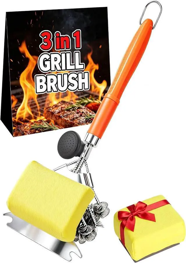 Main image of Magnetic 3-in-1 Bristle-Free Grill Brush & Scraper with Power Press Handle & Lock, 18" Detachable BBQ Cleaner for Heavy Duty Grime - Summer BBQ Essential for 2026 - Orange