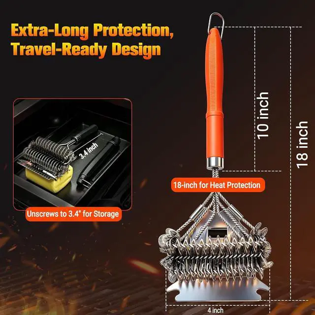 Alt view image 2 of 7 - Magnetic 3-in-1 Bristle-Free Grill Brush & Scraper with Power Press Handle & Lock, 18" Detachable BBQ Cleaner for Heavy Duty Grime - Summer BBQ Essential for 2026 - Orange