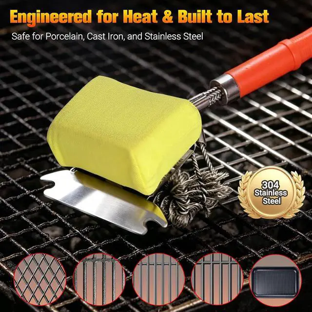 Alt view image 4 of 7 - Magnetic 3-in-1 Bristle-Free Grill Brush & Scraper with Power Press Handle & Lock, 18" Detachable BBQ Cleaner for Heavy Duty Grime - Summer BBQ Essential for 2026 - Orange