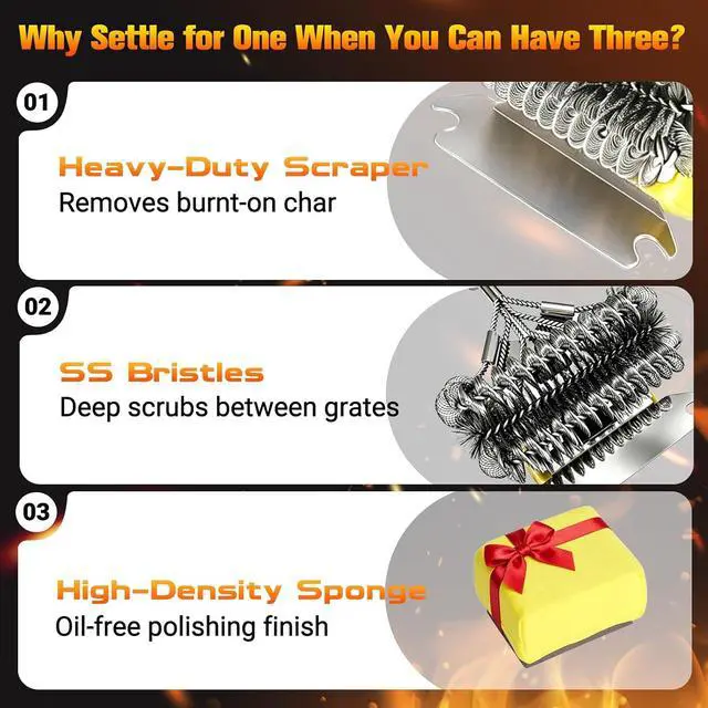 Alt view image 3 of 7 - Magnetic 3-in-1 Bristle-Free Grill Brush & Scraper with Power Press Handle & Lock, 18" Detachable BBQ Cleaner for Heavy Duty Grime - Summer BBQ Essential for 2026 - Orange