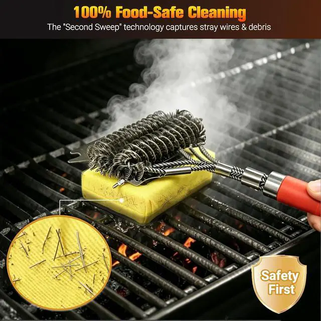 Alt view image 5 of 7 - Magnetic 3-in-1 Bristle-Free Grill Brush & Scraper with Power Press Handle & Lock, 18" Detachable BBQ Cleaner for Heavy Duty Grime - Summer BBQ Essential for 2026 - Orange