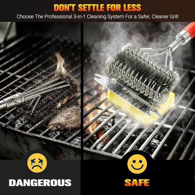Alt view image 6 of 7 - Magnetic 3-in-1 Bristle-Free Grill Brush & Scraper with Power Press Handle & Lock, 18" Detachable BBQ Cleaner for Heavy Duty Grime - Summer BBQ Essential for 2026 - Orange