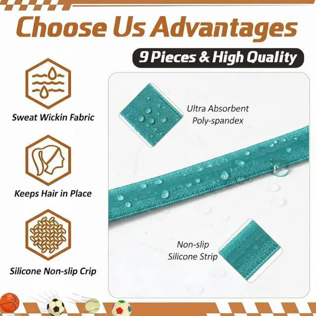 Alt view image 4 of 7 - 9 Pieces Thick Non-Slip Elastic Sport Headbands, Elastic Silicone Grip Exercise Hair and Sweatbands for Yoga (Assorted Colors)