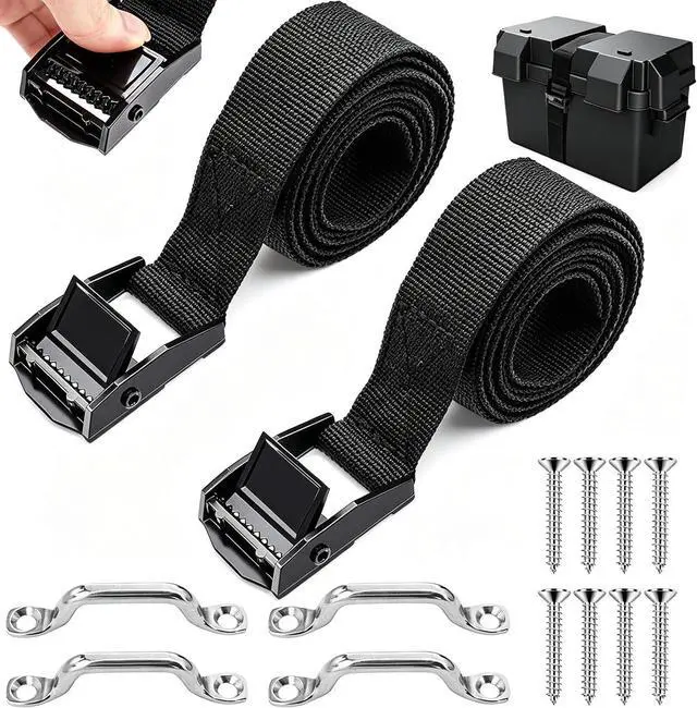 Main image of 2 PCS 1" x 4ft Battery Tie Down Strap kit,Battery Hold Down Strap with Stainless Steel Cam Buckle,4 Stainless Steel Eye Strap Mounts, 8 SS Screws for Boats, Luggage Belt, Cars