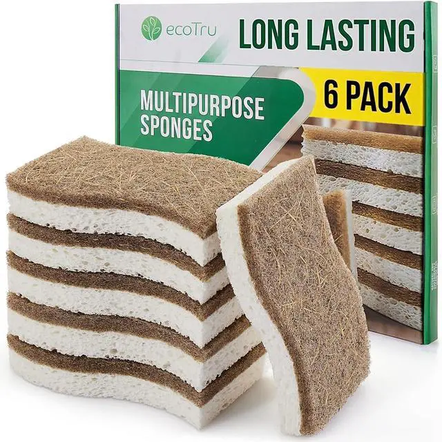 Main image of 6 Pack Washing Up Sponges, Eco Kitchen Dish Cleaning Sponges, Biodegradable & Compostable Natural Cellulose Sponge with Coconut Fibre Scrubber, Non Scratch Heavy Duty Scouring Pad