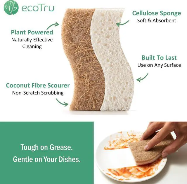 Alt view image 2 of 7 - 6 Pack Washing Up Sponges, Eco Kitchen Dish Cleaning Sponges, Biodegradable & Compostable Natural Cellulose Sponge with Coconut Fibre Scrubber, Non Scratch Heavy Duty Scouring Pad