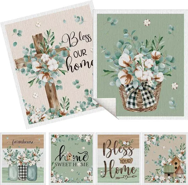 Main image of Swedish Dishcloths for Kitchen, 6 Pack Farmhouse Eucalyptus and Cotton Flower Reusable Paper Towels, Non-Scratch Swedish Dish Cloths Super Absorbent Cellulose Sponge Cloths