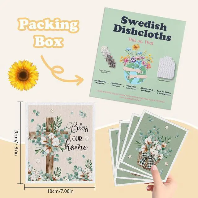 Alt view image 2 of 7 - Swedish Dishcloths for Kitchen, 6 Pack Farmhouse Eucalyptus and Cotton Flower Reusable Paper Towels, Non-Scratch Swedish Dish Cloths Super Absorbent Cellulose Sponge Cloths