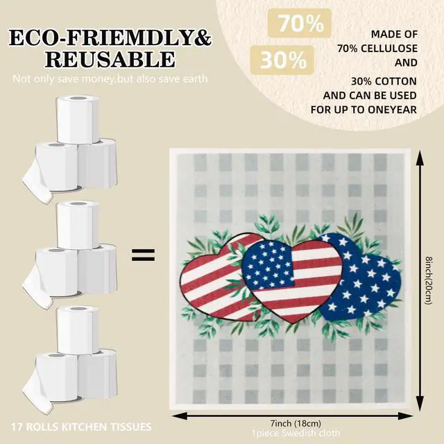 Alt view image 2 of 7 - 4th of July 6 Packs Swedish Kitchen Dish Cloths - American Flags Reusable Paper Towels for Counters & Dishes - Eco-Friendly Cellulose Sponge Cloth