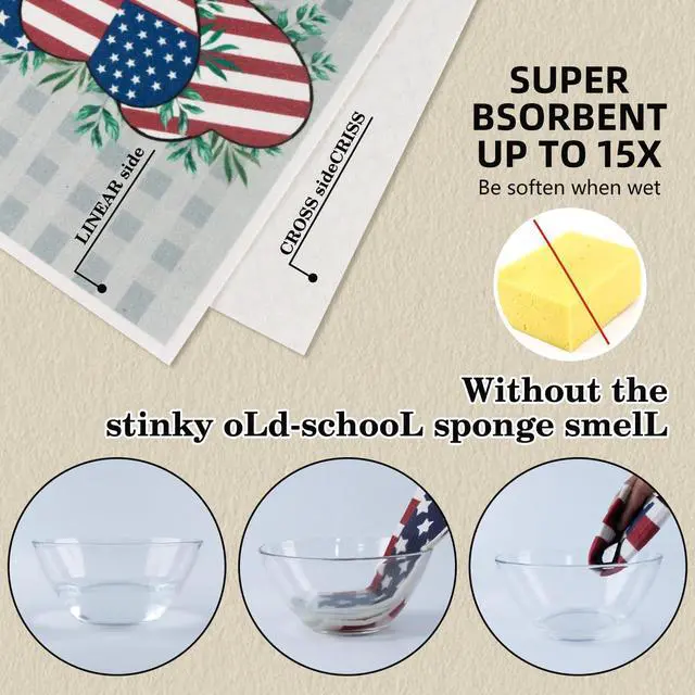Alt view image 3 of 7 - 4th of July 6 Packs Swedish Kitchen Dish Cloths - American Flags Reusable Paper Towels for Counters & Dishes - Eco-Friendly Cellulose Sponge Cloth