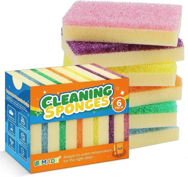 Main image of UNIMADE Scrub Sponge, Temperature Responsive Dual-Sided Cleaning Sponges | Non-Scratch Dish Sponge for Kitchen, Soft in Warm Water & Firm in Cold, 6 Pack