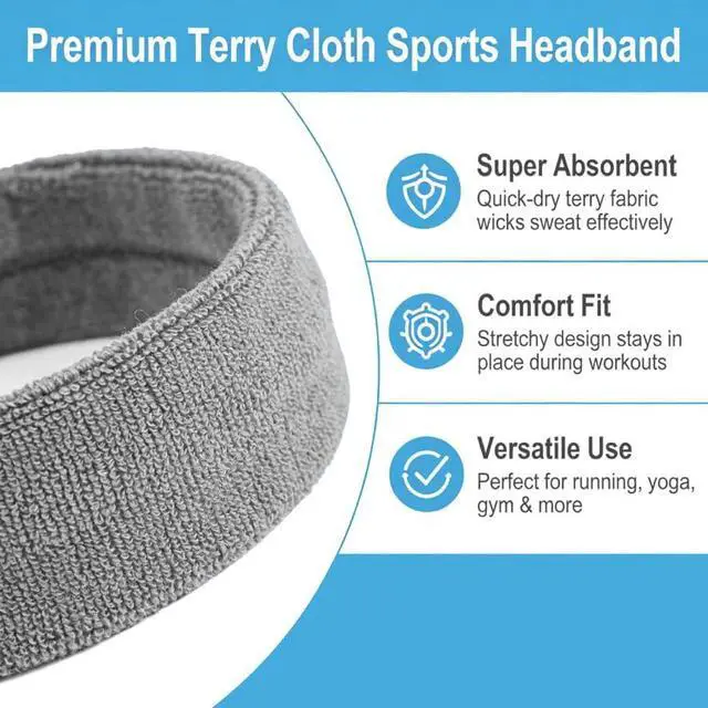 Alt view image 2 of 6 - 3 Pack Men & Women Sports Sweatbands Headbands | Moisture Wicking Cotton Terry Cloth Sweatband Headband,Tennis,Basketball,Running,Gym,Fitness,Workout