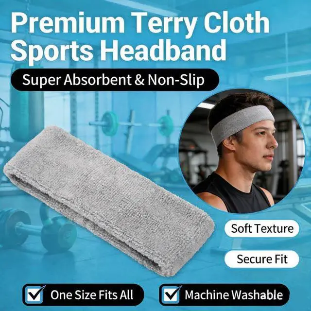 Alt view image 5 of 6 - 3 Pack Men & Women Sports Sweatbands Headbands | Moisture Wicking Cotton Terry Cloth Sweatband Headband,Tennis,Basketball,Running,Gym,Fitness,Workout