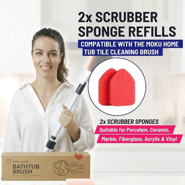 Alt view image 2 of 7 - Scrubber Sponge Refill for 3 in 1 Moku Home Shower Scrubber, 2-Pack (Red) | Non-Scratch Pads for Tub, Tile, Sink, Shower, Kitchen, Wall & Floor; for Moku Home Extendable Long-Handle Bathroom Brush