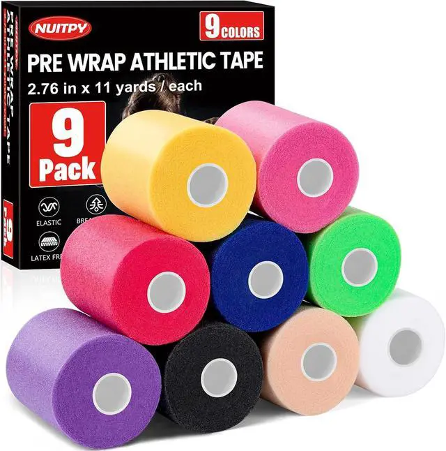 Main image of 9 Pack Pre Wrap Tape, 9 Colors 2.76 Inch x 11 Yards Prewrap Athletic Tape | Pre Wrap Foam Underwrap Tape, Soccer Pre Wrap Tape, Prewrap Tape for Hair, Wrists, Hands, Ankles, Knees