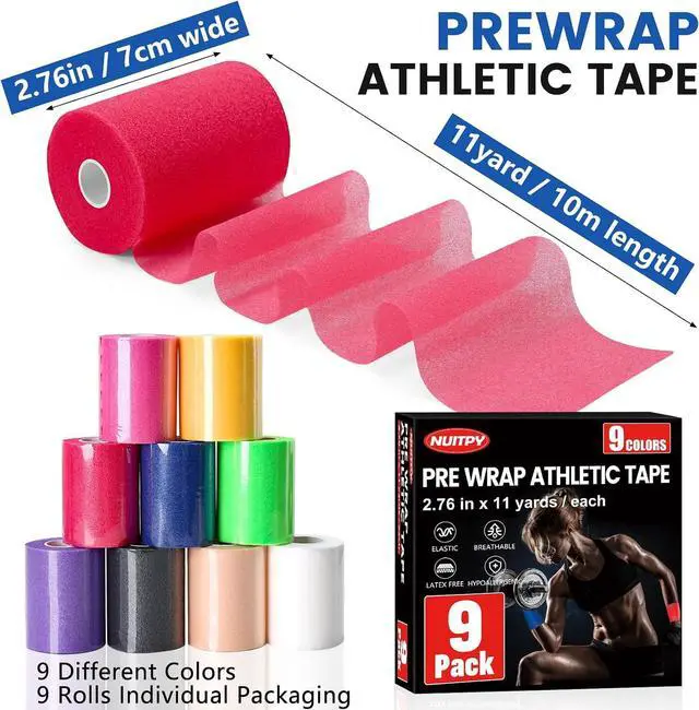 Alt view image 2 of 7 - 9 Pack Pre Wrap Tape, 9 Colors 2.76 Inch x 11 Yards Prewrap Athletic Tape | Pre Wrap Foam Underwrap Tape, Soccer Pre Wrap Tape, Prewrap Tape for Hair, Wrists, Hands, Ankles, Knees