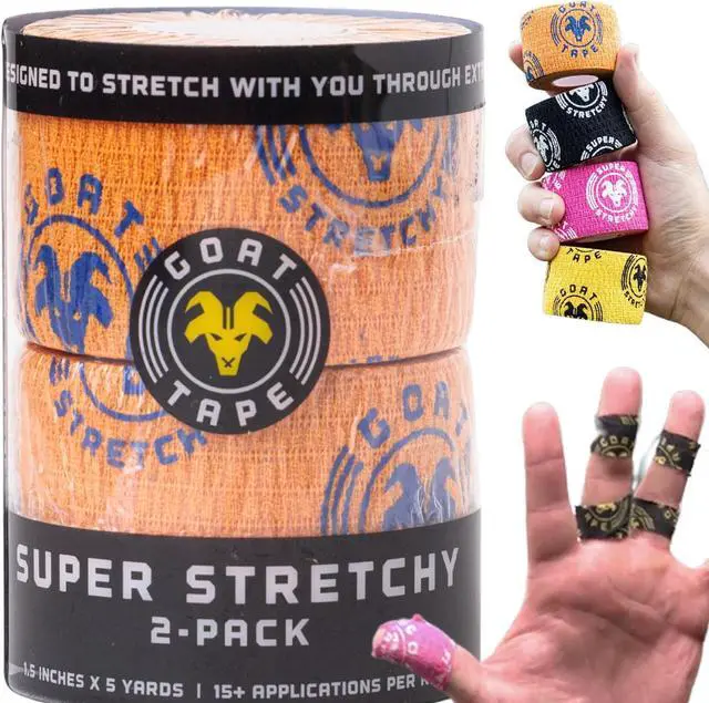 Main image of Goat Tape Super Stretchy Thumb Tape - Weightlifting Hook Grip Tape & WOD Tape for Cross Training, Gym Workout Tape, Athletic Finger Wrap - Flexes with Every Move - 15 Feet per Roll (Orange 2-Pack)