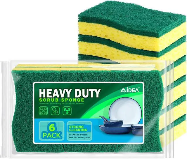 Main image of AIDEA Sponges Kitchen, Heavy Duty Scrub Sponge, 6Count, Sponges for Dishes | Cellulose Kitchen Sponge, Scrubbing Power for Tough Messes, Cleaning Power for Non Coated Cookware, Dishes, Pots, Pans
