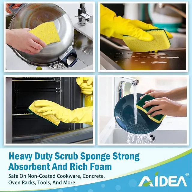 Alt view image 6 of 7 - AIDEA Sponges Kitchen, Heavy Duty Scrub Sponge, 6Count, Sponges for Dishes | Cellulose Kitchen Sponge, Scrubbing Power for Tough Messes, Cleaning Power for Non Coated Cookware, Dishes, Pots, Pans