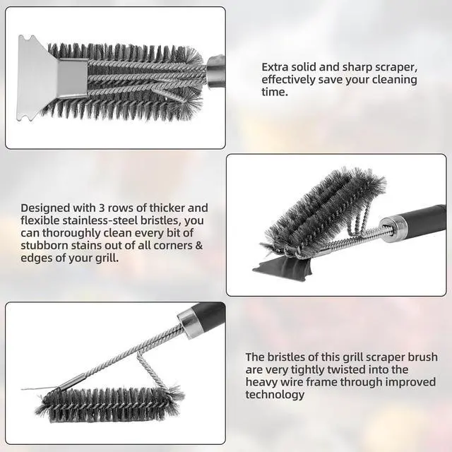Alt view image 3 of 7 - Grill Brush & Scraper BBQ Brush for Grill, 18" Stainless Steel Woven Wire 3 in 1 Bristles Grill Cleaning Brush with Bottle Opener & Clipping Hook