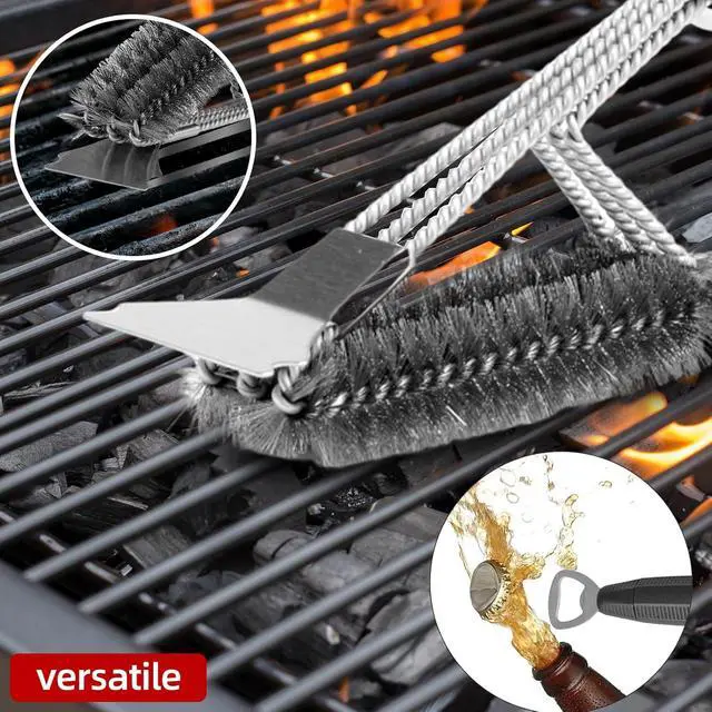Alt view image 4 of 7 - Grill Brush & Scraper BBQ Brush for Grill, 18" Stainless Steel Woven Wire 3 in 1 Bristles Grill Cleaning Brush with Bottle Opener & Clipping Hook