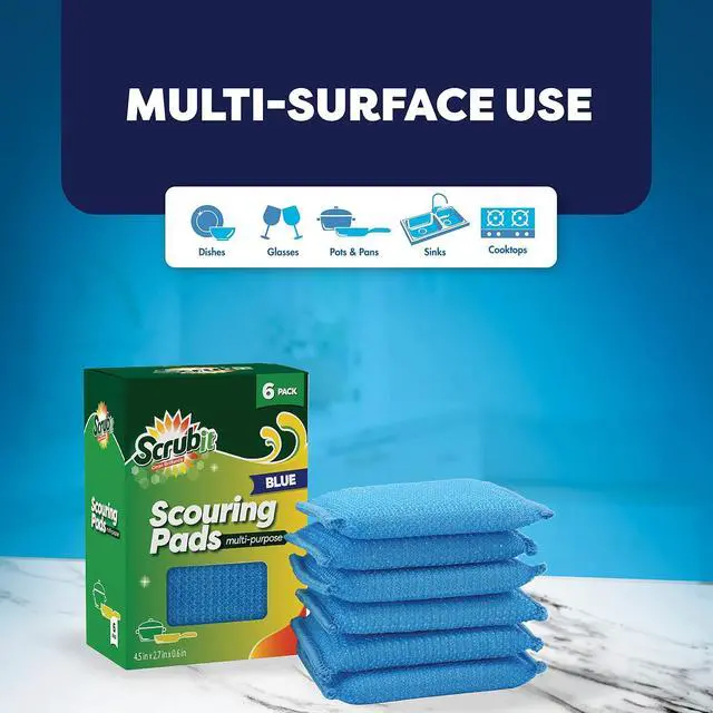 Alt view image 6 of 7 - SCRUBIT Multi-Purpose Scouring Pad - Non-Scratch Cleaning Sponges for Pots, Pans, Dishes, Utensils & Non-Stick Cookware - Scrubbing Pads Use for Kitchen, Bathroom - 6 Pack Dish Sponge - (Blue)