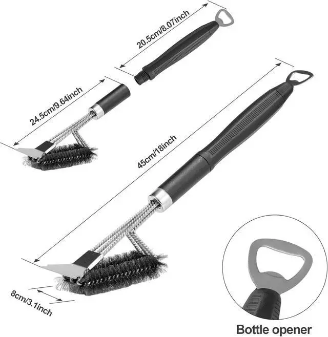 Alt view image 2 of 7 - Grill Brush & Scraper BBQ Brush for Grill, 18" Stainless Steel Woven Wire 3 in 1 Bristles Grill Cleaning Brush with Bottle Opener & Clipping Hook