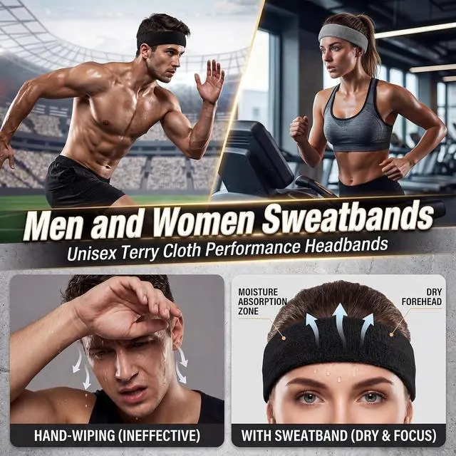 Alt view image 5 of 7 - Sweatbands Sports Headband for Men & Women, Moisture Wicking Hairband - Terry Cotton Sweat Band for Running, Gym