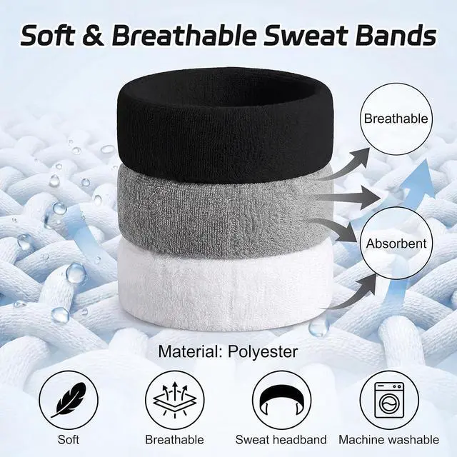 Alt view image 4 of 7 - Sweatbands Sports Headband for Men & Women, Moisture Wicking Hairband - Terry Cotton Sweat Band for Running, Gym