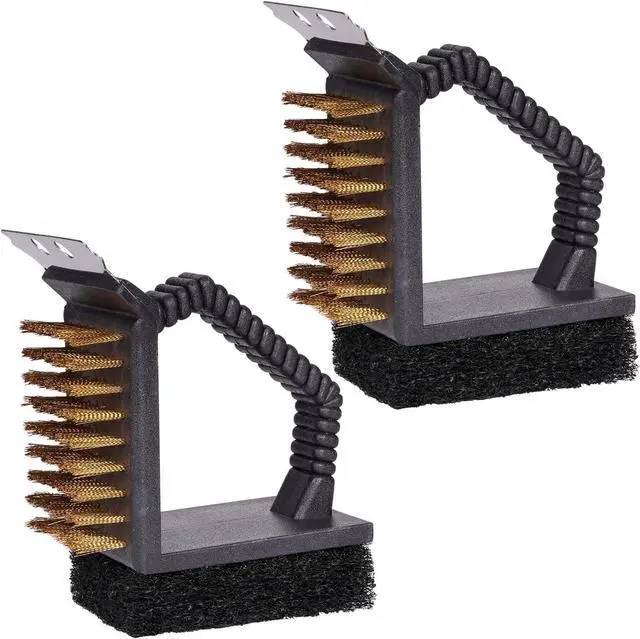 Main image of 2 Pack Grill Brush and Scraper with Wire Bristles and Bristle-Free Scour 2 Side Brushes Handheld Short Handle Scrubber for Grill Grate Cleaner Cast Iron Charcoal Racks Grid BBQ Cooking Grates