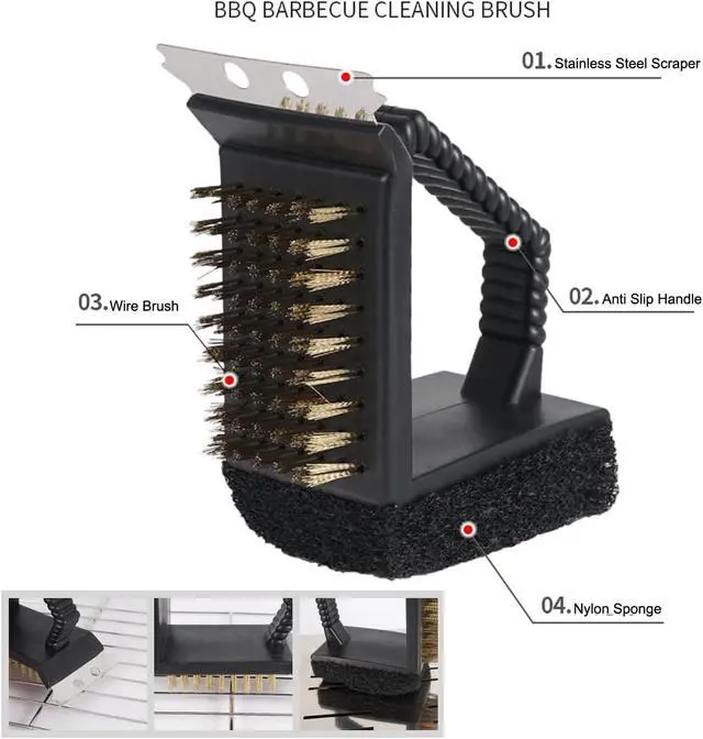 Alt view image 4 of 7 - 2 Pack Grill Brush and Scraper with Wire Bristles and Bristle-Free Scour 2 Side Brushes Handheld Short Handle Scrubber for Grill Grate Cleaner Cast Iron Charcoal Racks Grid BBQ Cooking Grates