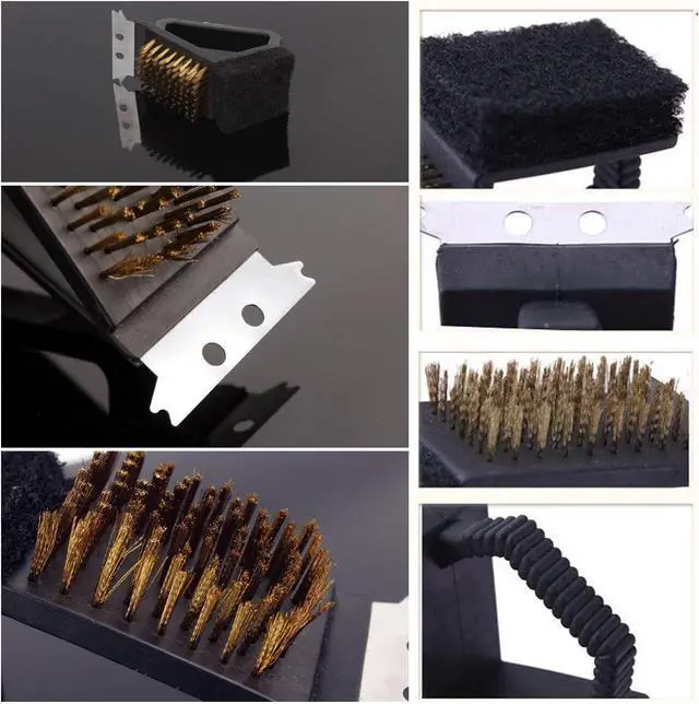Alt view image 3 of 7 - 2 Pack Grill Brush and Scraper with Wire Bristles and Bristle-Free Scour 2 Side Brushes Handheld Short Handle Scrubber for Grill Grate Cleaner Cast Iron Charcoal Racks Grid BBQ Cooking Grates