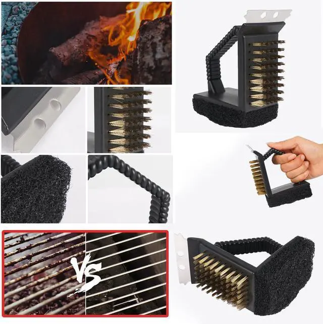Alt view image 5 of 7 - 2 Pack Grill Brush and Scraper with Wire Bristles and Bristle-Free Scour 2 Side Brushes Handheld Short Handle Scrubber for Grill Grate Cleaner Cast Iron Charcoal Racks Grid BBQ Cooking Grates