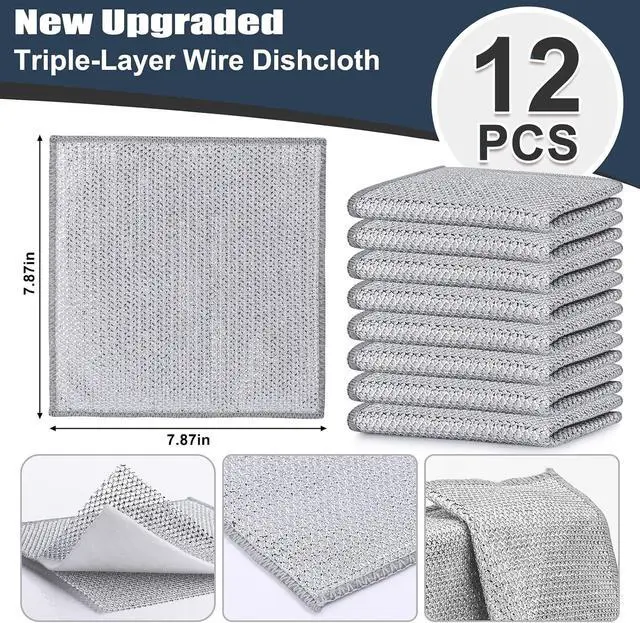 Alt view image 2 of 7 - Navona 12 Pcs New Upgrade Steel Wire Dishcloth,Triple-Layer Steel Wire Cleaning Cloth,Powerful Cleaning Non-Scratch Wire Dishcloth Rag for Cookware, Sinks, Dishes, Stove Tops