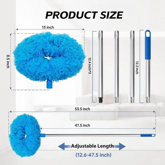 Alt view image 3 of 7 - DRQ Ceiling Fan Cleaner Duster with 13-48 in Extension Pole, Blue | Detachable, Washable Microfiber Brush Head Is Reusable for Ceiling Fan Blades, Walls, Bookshelves, Door Tops and Window Tops