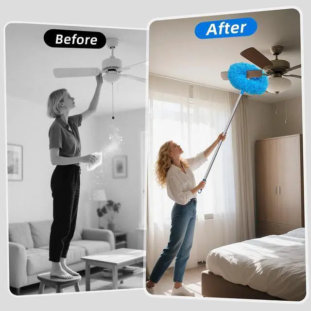 Alt view image 7 of 7 - DRQ Ceiling Fan Cleaner Duster with 13-48 in Extension Pole, Blue | Detachable, Washable Microfiber Brush Head Is Reusable for Ceiling Fan Blades, Walls, Bookshelves, Door Tops and Window Tops