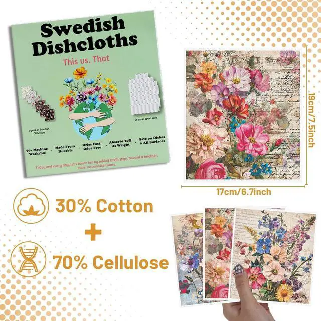 Alt view image 2 of 6 - Vintage Flower Swedish Dishcloths for Kitchen - 6PCS Floral Swedish Cloths for Washing Dishes Reusable, Wildflower Washable Kitchen Towels, Reusable Sponge Cloths for Home Party Housewarming