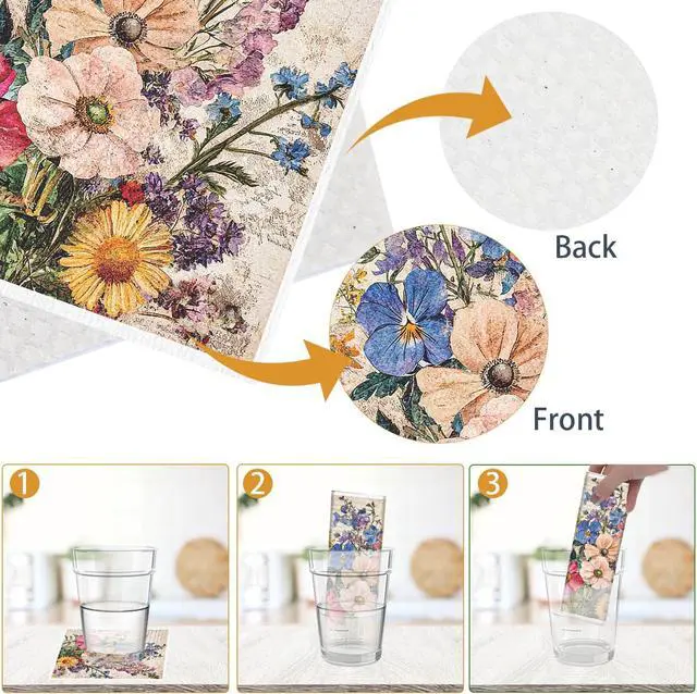 Alt view image 3 of 6 - Vintage Flower Swedish Dishcloths for Kitchen - 6PCS Floral Swedish Cloths for Washing Dishes Reusable, Wildflower Washable Kitchen Towels, Reusable Sponge Cloths for Home Party Housewarming