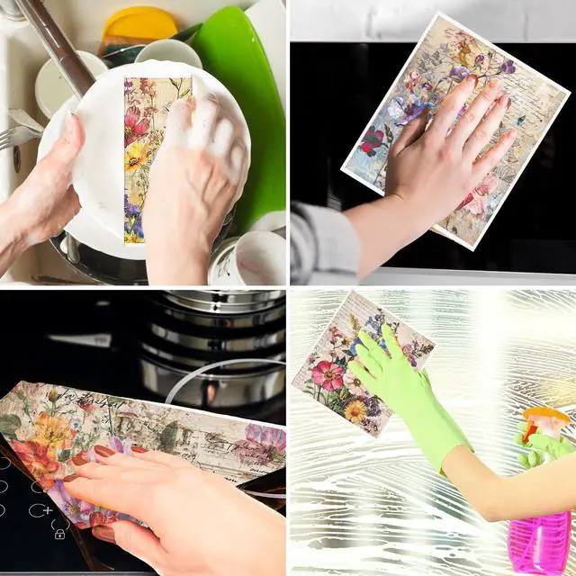 Alt view image 4 of 6 - Vintage Flower Swedish Dishcloths for Kitchen - 6PCS Floral Swedish Cloths for Washing Dishes Reusable, Wildflower Washable Kitchen Towels, Reusable Sponge Cloths for Home Party Housewarming