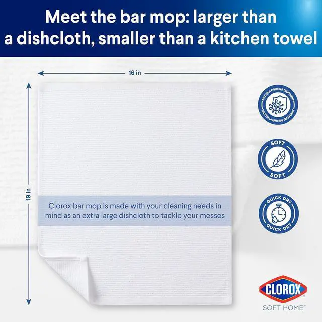 Alt view image 2 of 7 - CLOROX Ribbed Bar Mops - 100% Cotton Quick Dry Extra Large Dishcloths - Absorbent Multipurpose Cleaning Cloths for Restaurants, Kitchen, Bathroom, Hotel - 16" x 19" - White 3 Pack