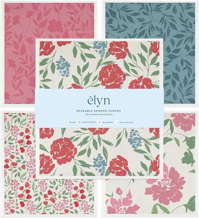 Main image of ELYN Swedish Dishcloths, Reusable & Washable Sponge Cloths, Absorbent Cleaning Paper Towels for Kitchen, Dishes, Counters and More, 5 Pack, Assorted Soft Botanical Patterns